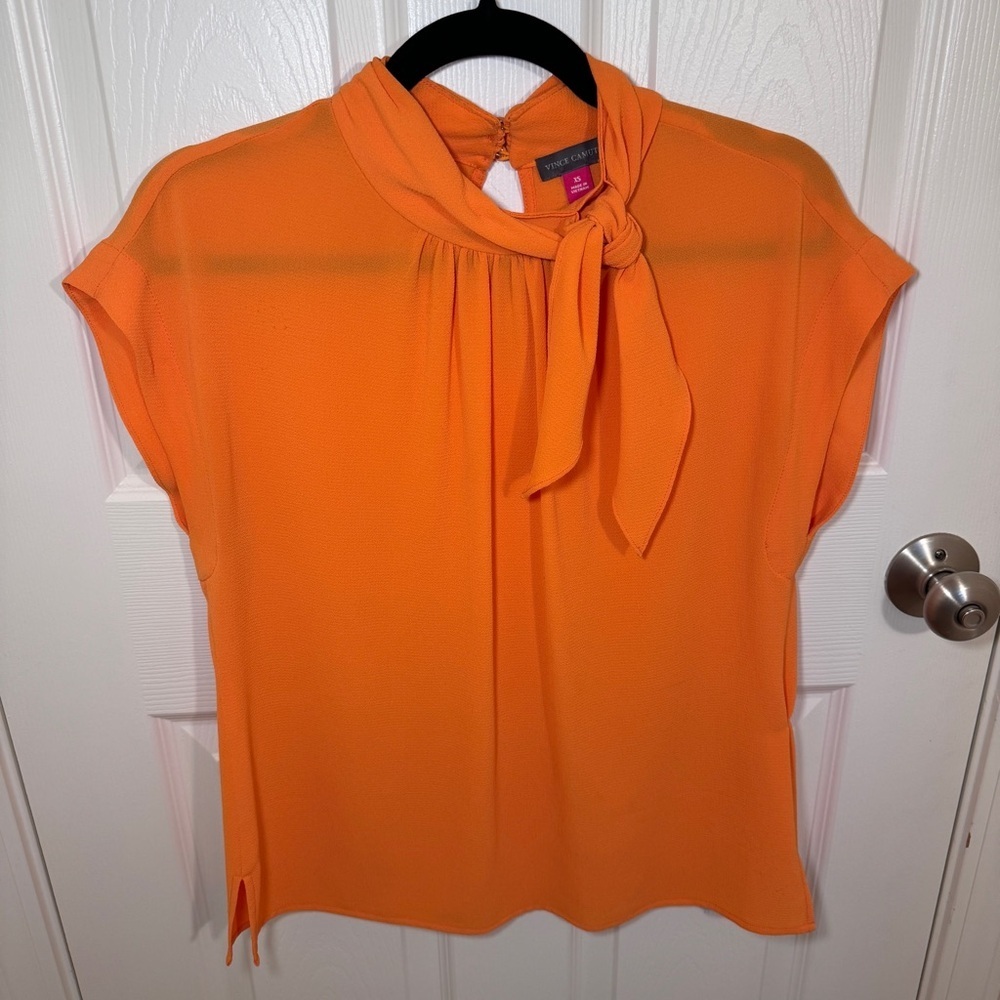 Vince Camuto Neon Orange Tie Neck Blouse